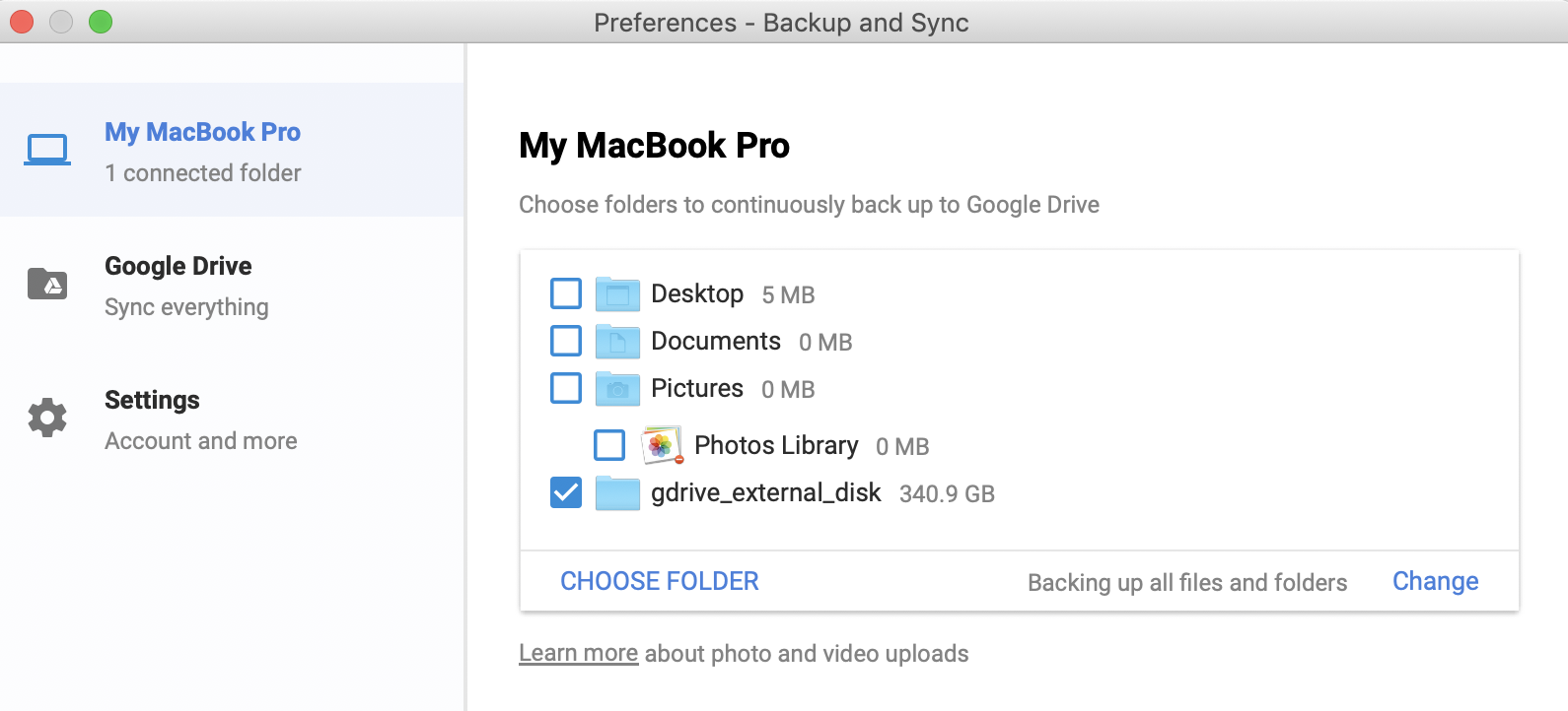 change the folder for google drive backup on mac
